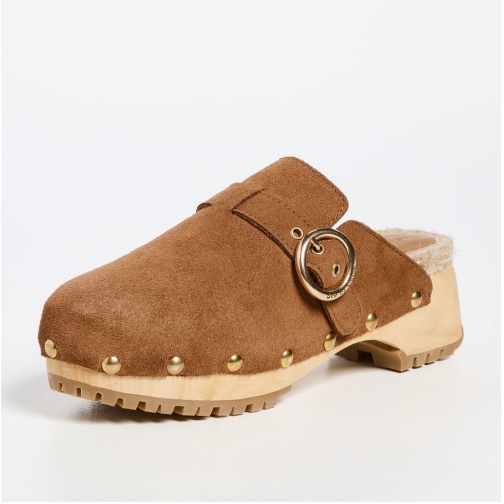 Chloe Brown Suede Clogs with Gold Accents